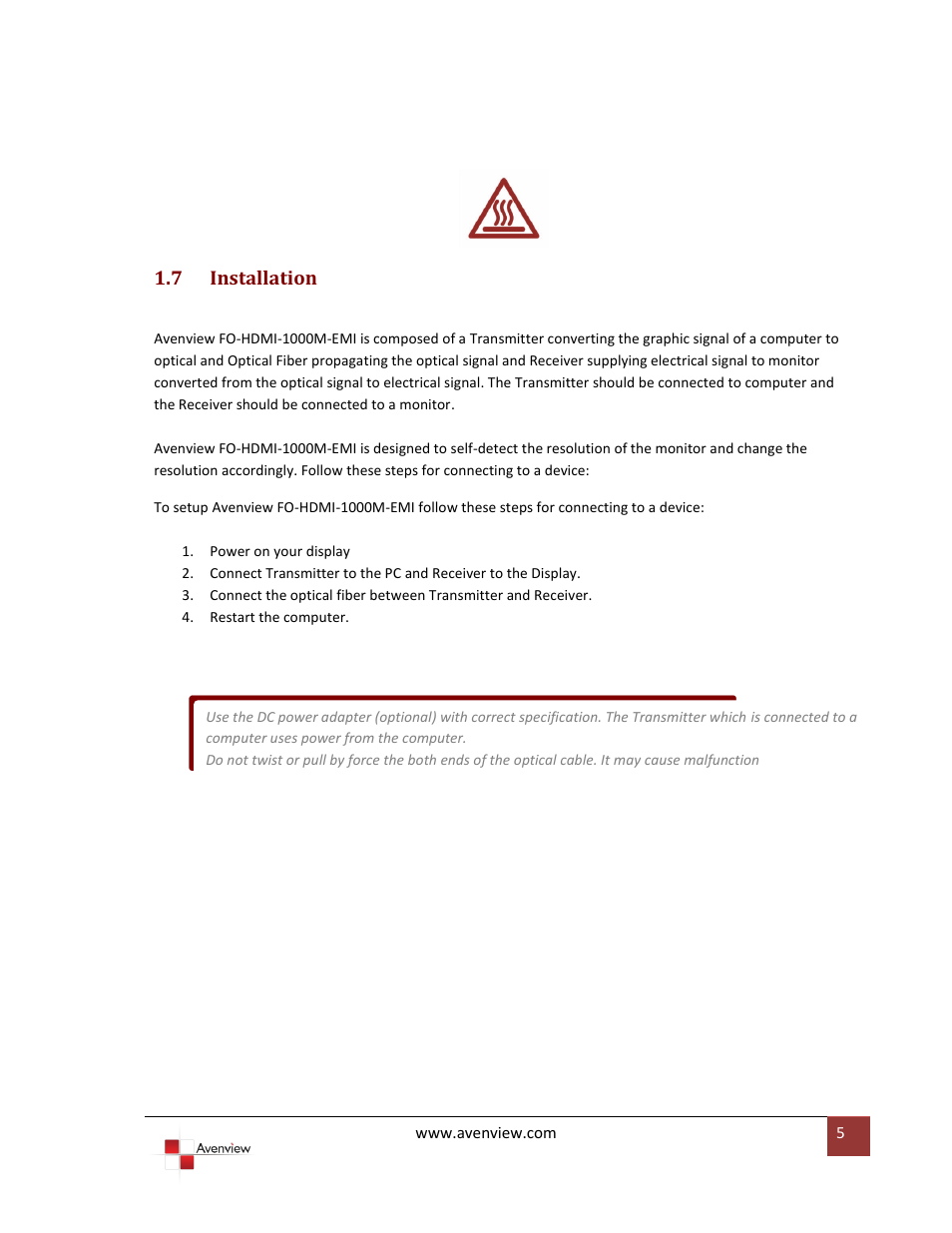 Installation | Avenview FO-HDMI-1000M-EMI User Manual | Page 5 / 9