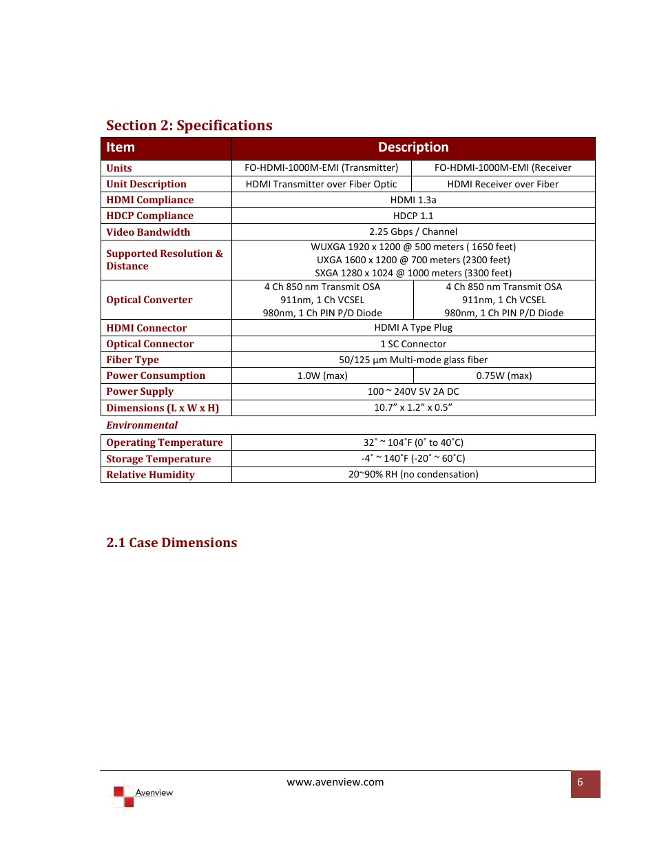 Section 2: specifications, 1 case dimensions | Avenview FO-HDMI-1000M-EMI User Manual | Page 6 / 9