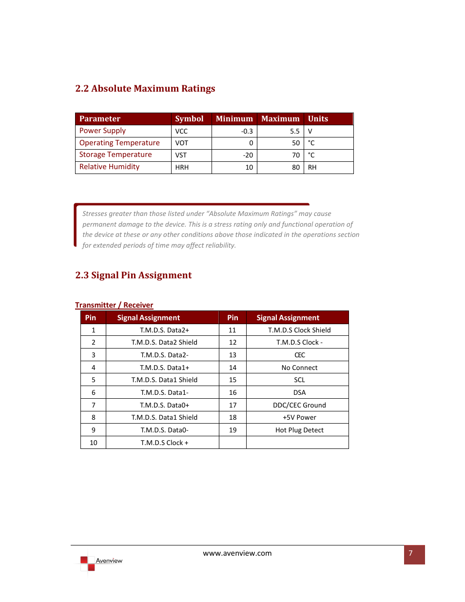 2 absolute maximum ratings, 3 signal pin assignment | Avenview FO-HDMI-1000M-EMI User Manual | Page 7 / 9