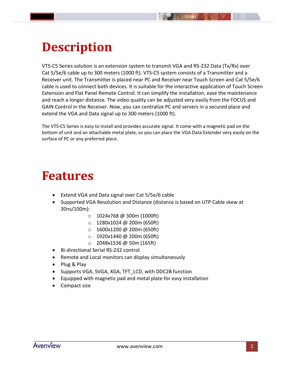 Description, Features | Avenview VTS-C5-R User Manual | Page 2 / 6