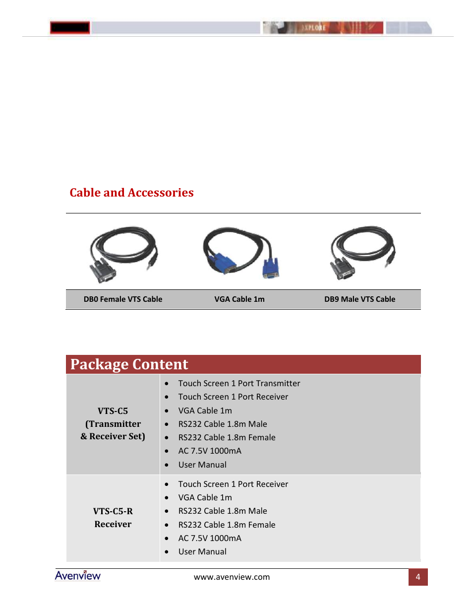 Package content, Cable and accessories | Avenview VTS-C5-R User Manual | Page 4 / 6