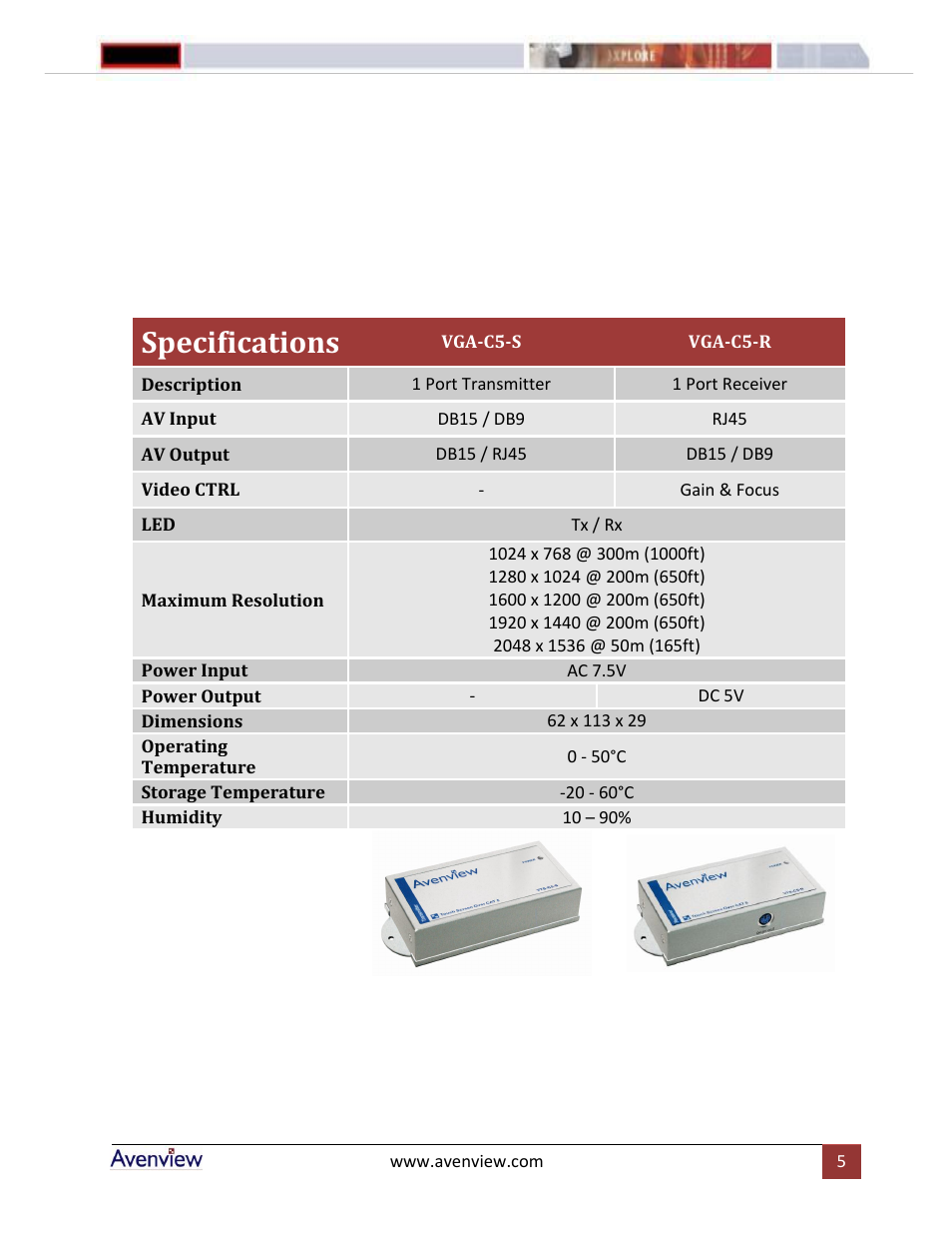 Specifications | Avenview VTS-C5-R User Manual | Page 5 / 6
