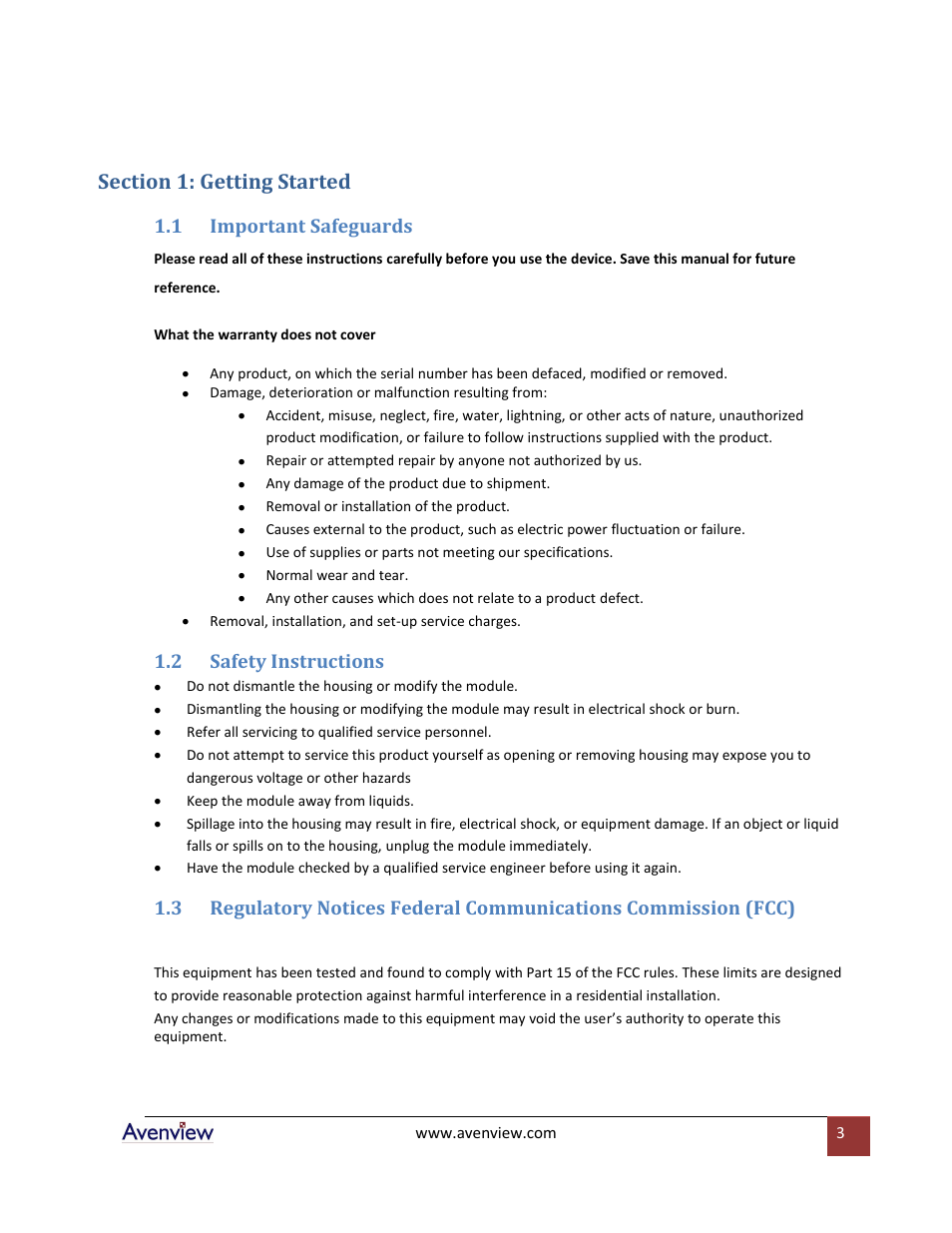 Section 1: getting started, Important safeguards, Safety instructions | 1 important safeguards, 2 safety instructions | Avenview FO-HDMI-SET User Manual | Page 3 / 7