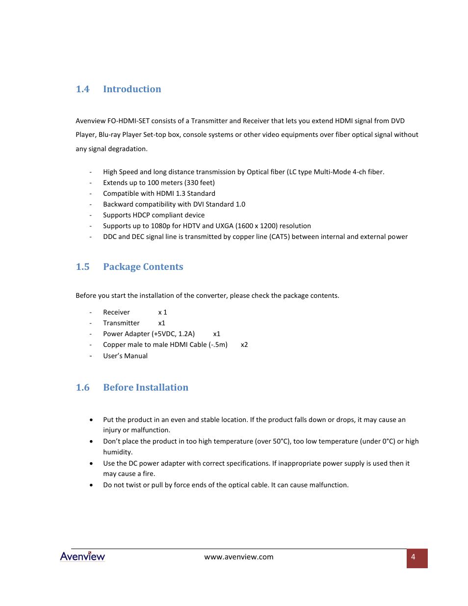 Introduction, Package contents, Before installation | 4 introduction, 5 package contents, 6 before installation | Avenview FO-HDMI-SET User Manual | Page 4 / 7