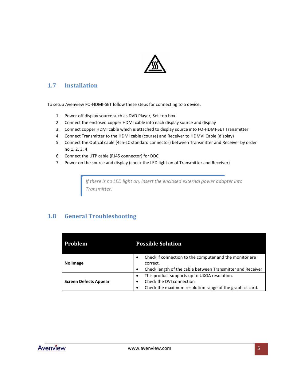 Installation, General troubleshooting, 7 installation | 8 general troubleshooting | Avenview FO-HDMI-SET User Manual | Page 5 / 7