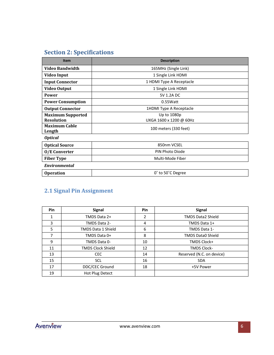 Section 2: specifications, 1 signal pin assignment | Avenview FO-HDMI-SET User Manual | Page 6 / 7