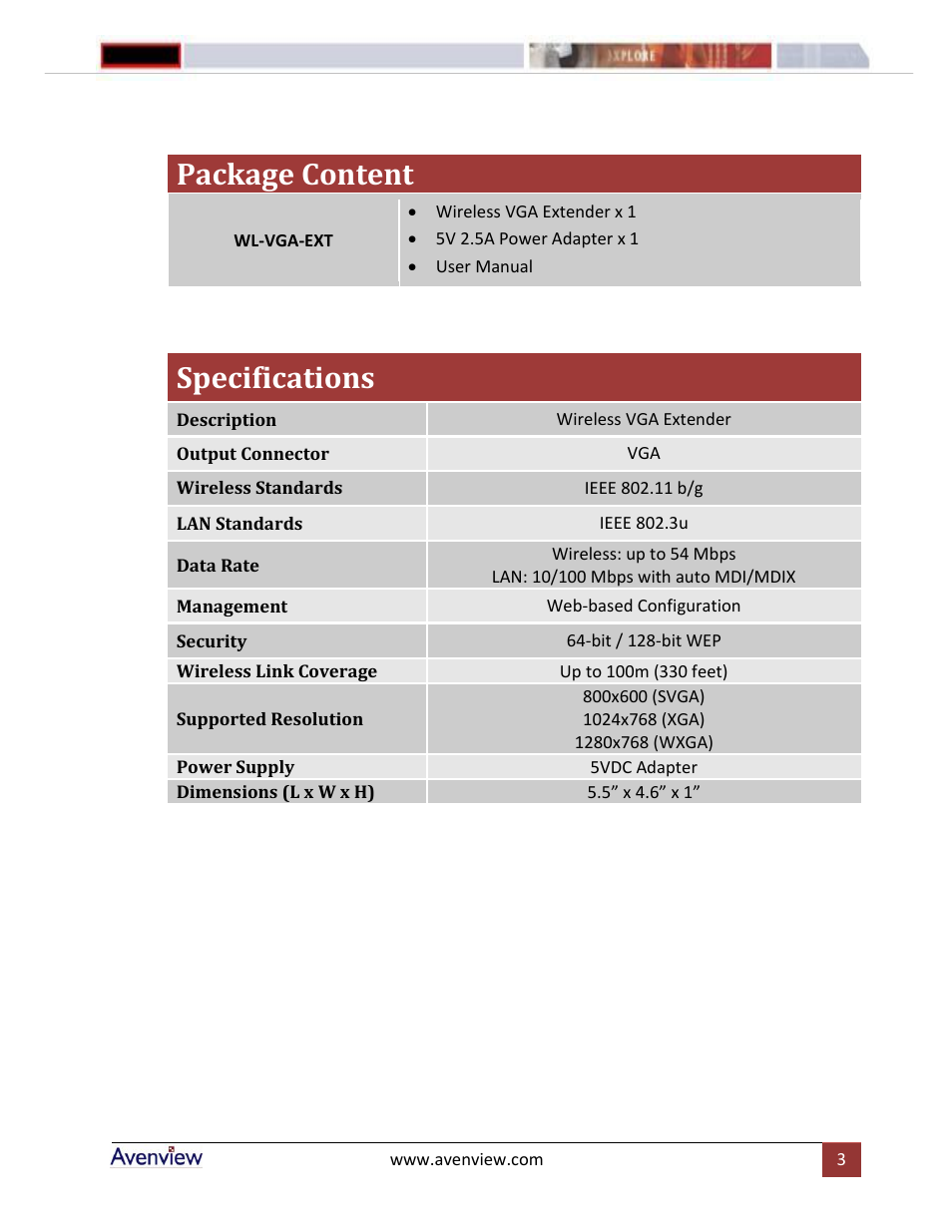 Package content, Specifications | Avenview WL-VGA-EXT User Manual | Page 3 / 4