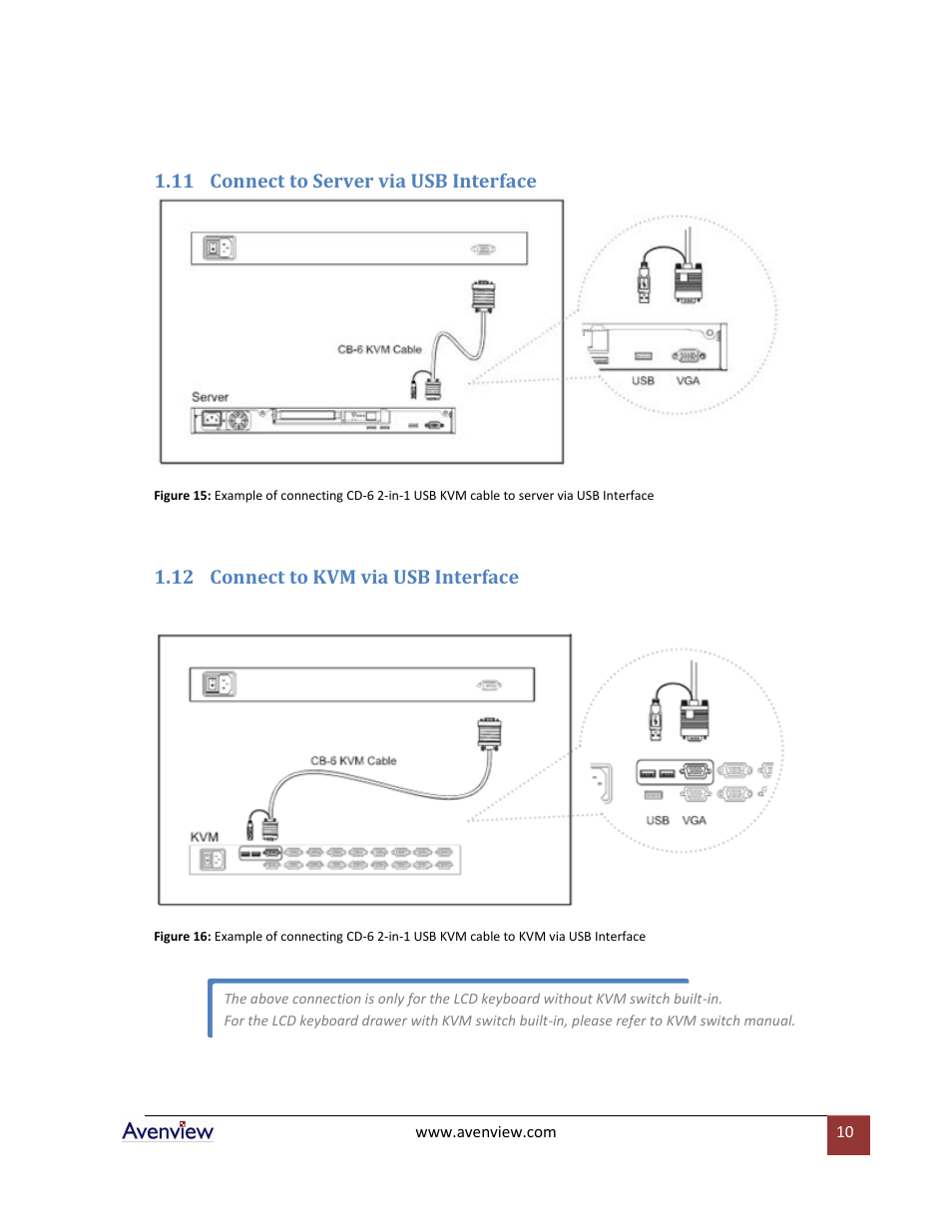Connect to server via usb interface, Connect to kvm via usb interface | Avenview RKVM-17-Mouse User Manual | Page 10 / 21