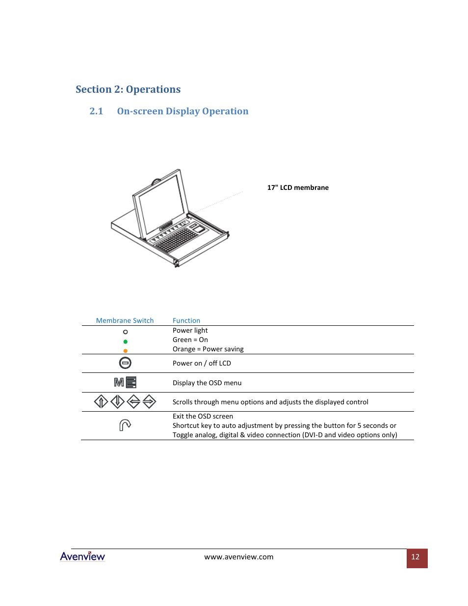 Section 2: operations, On-screen display operation | Avenview RKVM-17-Mouse User Manual | Page 12 / 21