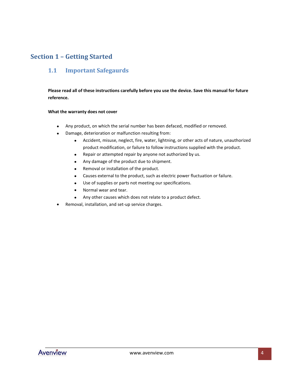 Section 1 – getting started, Important safegaurds, 1 important safegaurds | Avenview RKVM-17-Mouse User Manual | Page 4 / 21