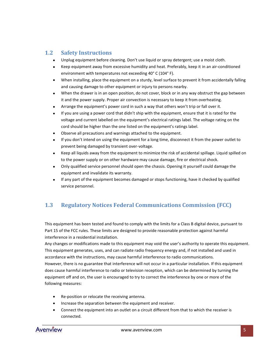 Safety instructions, 2 safety instructions | Avenview RKVM-17-Mouse User Manual | Page 5 / 21