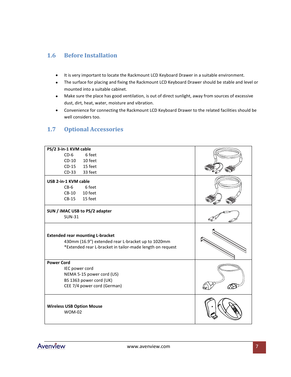 Optional accessories, 6 before installation, 7 optional accessories | Avenview RKVM-17-Mouse User Manual | Page 7 / 21