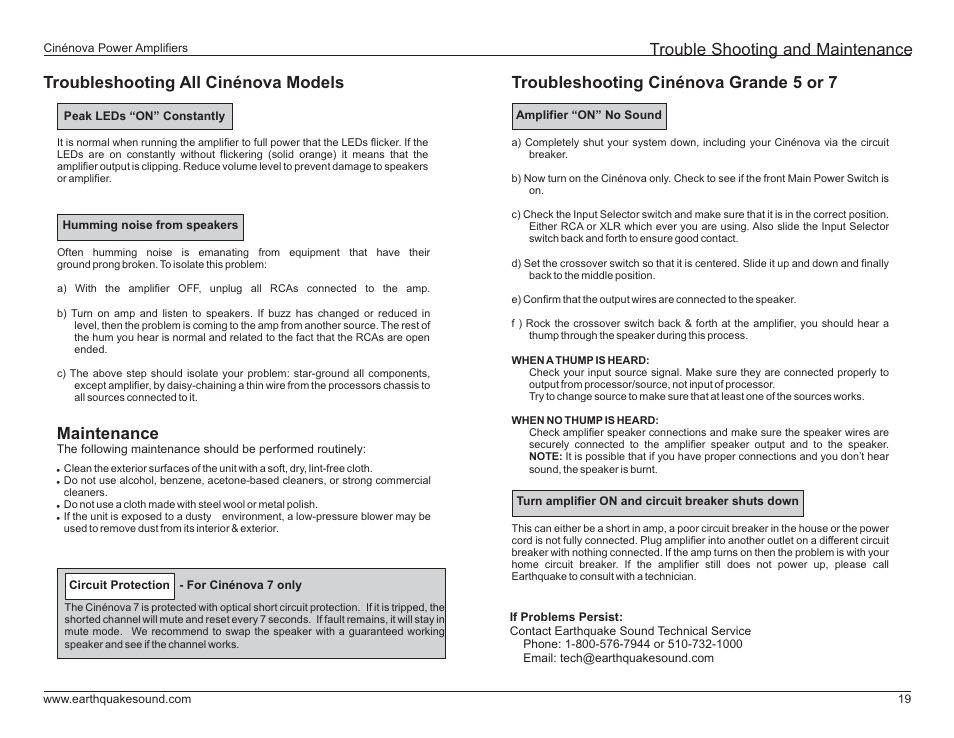 Troubleshooting cinénova grande 5 or 7, Troubleshooting all cinénova models, Maintenance trouble shooting and maintenance | EarthQuake Cinenova 7 User Manual | Page 19 / 20