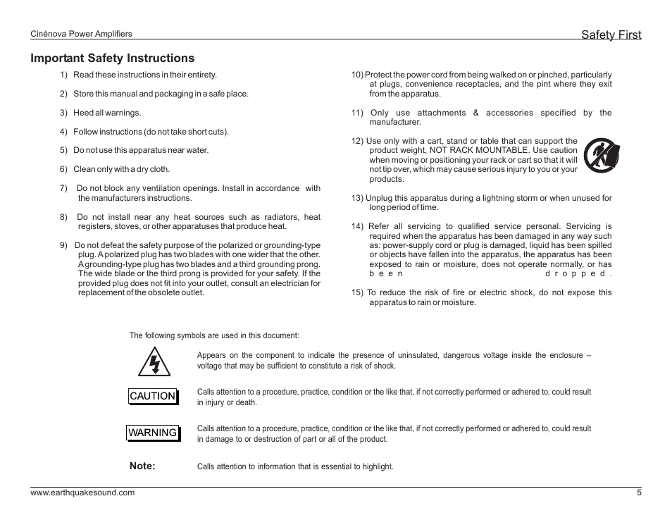 Important safety instructions, Safety first | EarthQuake Cinenova 7 User Manual | Page 5 / 20