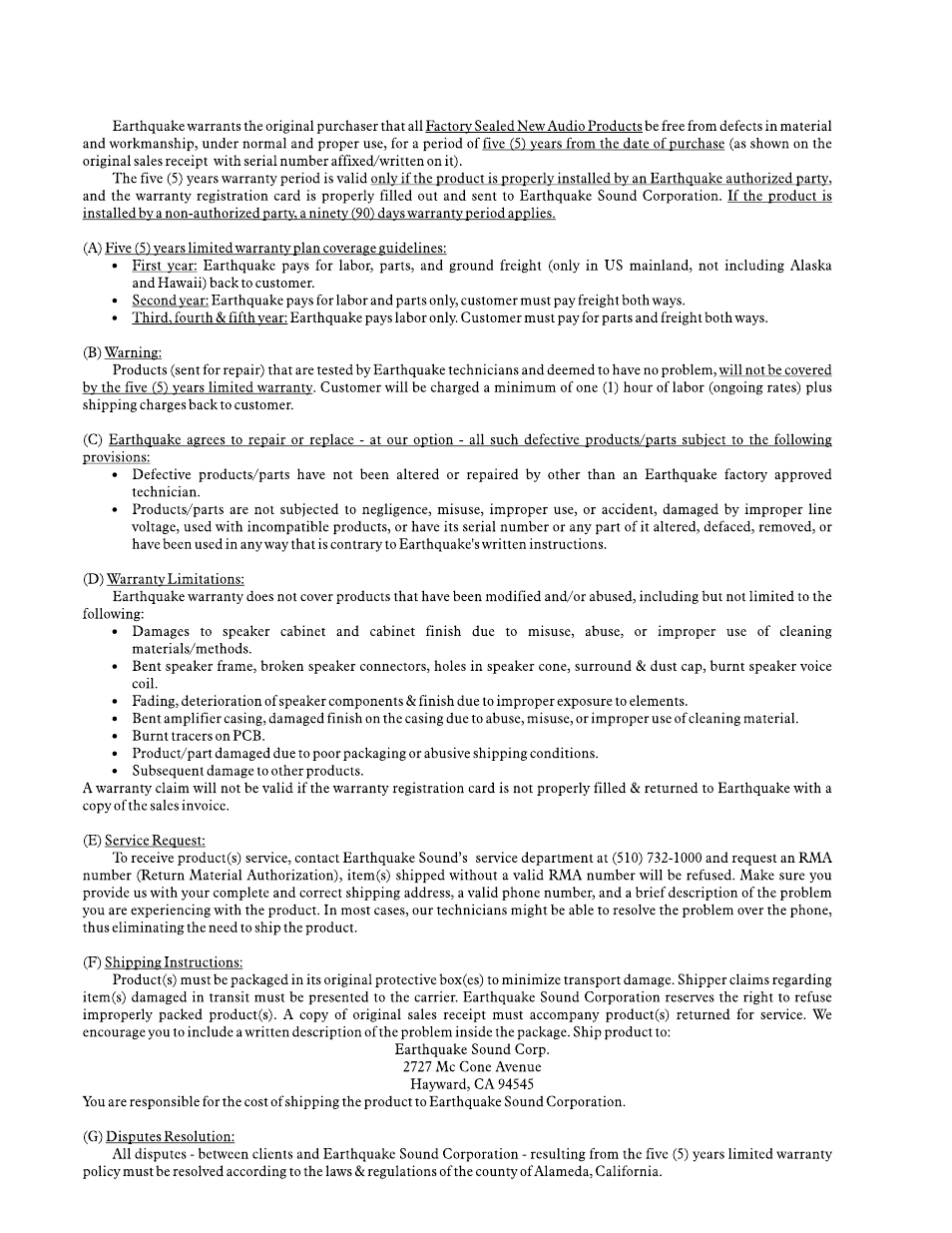 5 year warranty information | EarthQuake Titan Telesto User Manual | Page 10 / 12