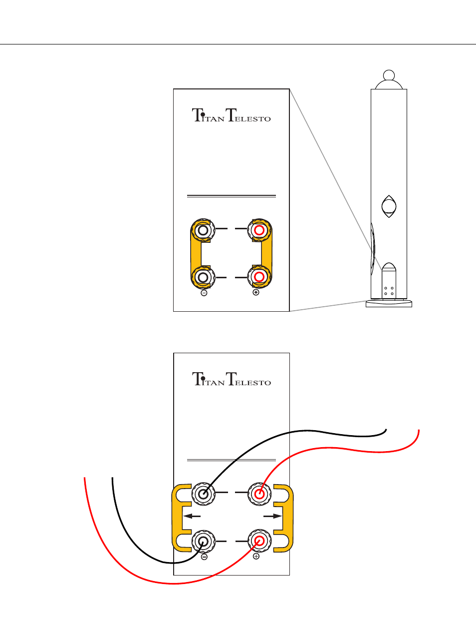 Telesto dimensions and specifications, Amplifier set-up options, Single amp. option bi-amp. option | Amplifier/ power source amplifier/ power source, Lo hi | EarthQuake Titan Telesto User Manual | Page 8 / 12