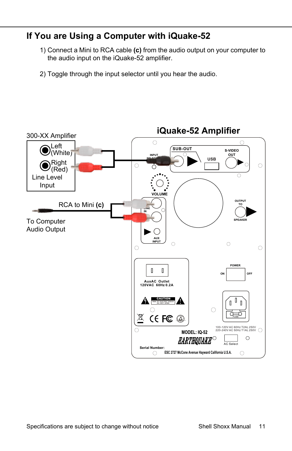 If you are using a computer with iquake-52, Iquake-52 amplifier | EarthQuake Shell ShoXX Gamer set User Manual | Page 11 / 16