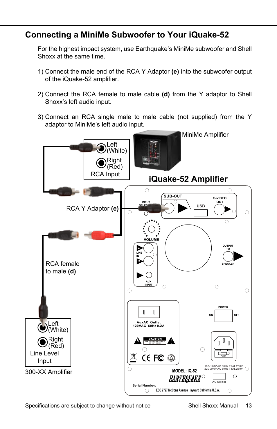 Connecting a minime subwoofer to your iquake-52, Iquake-52 amplifier | EarthQuake Shell ShoXX Gamer set User Manual | Page 13 / 16