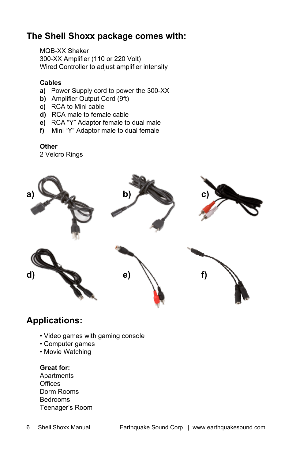 The shell shoxx package comes with, Applications, A) b) c) d) e) f) | EarthQuake Shell ShoXX Gamer set User Manual | Page 6 / 16