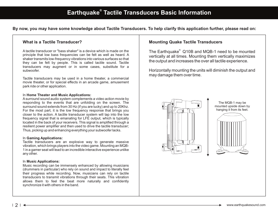 Earthquake tactile transducers basic information | EarthQuake MQB-1 MiniQuake User Manual | Page 2 / 12