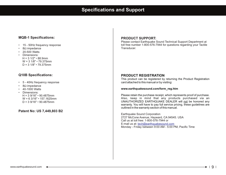 Specifications and support | EarthQuake MQB-1 MiniQuake User Manual | Page 9 / 12