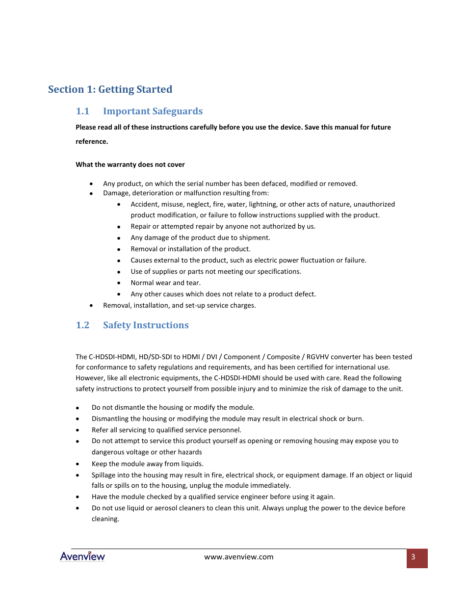 Section 1: getting started, Important safeguards, Safety instructions | 1 important safeguards, 2 safety instructions | Avenview C-HDSDI-HDMI User Manual | Page 3 / 9