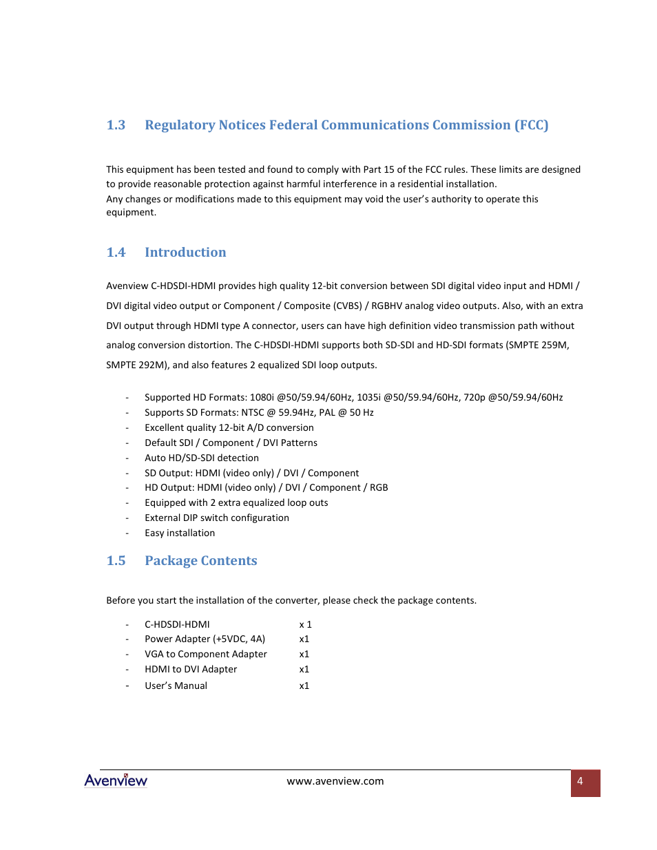 Introduction, Package contents, 4 introduction | 5 package contents | Avenview C-HDSDI-HDMI User Manual | Page 4 / 9