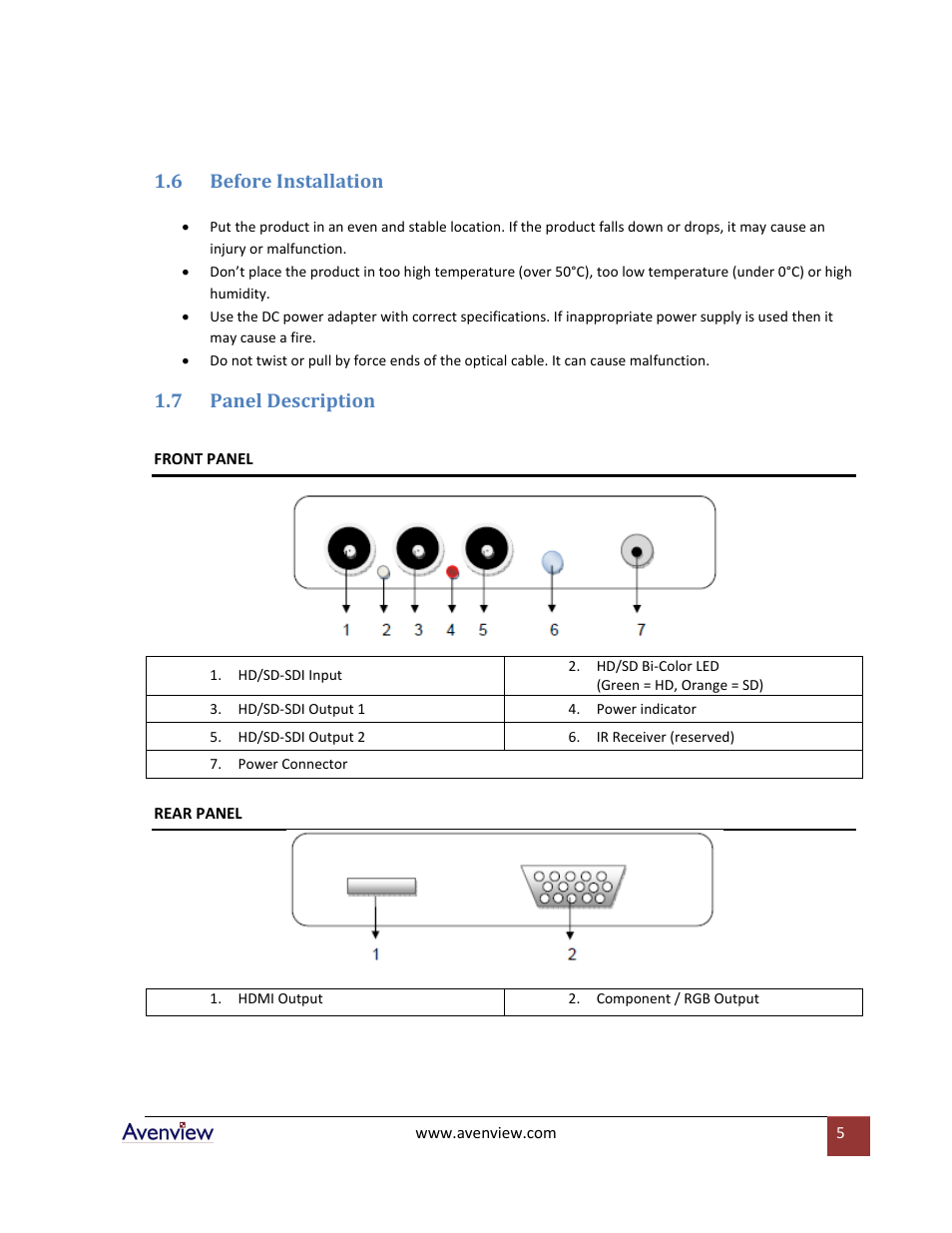 Before installation, Panel description, 6 before installation | 7 panel description | Avenview C-HDSDI-HDMI User Manual | Page 5 / 9