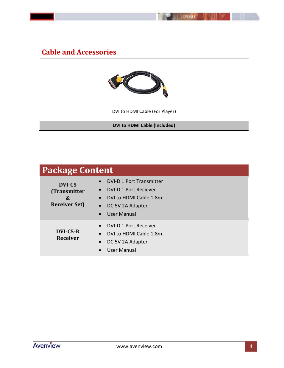 Cable and accessories, Package content | Avenview DVI-C5-S User Manual | Page 4 / 6