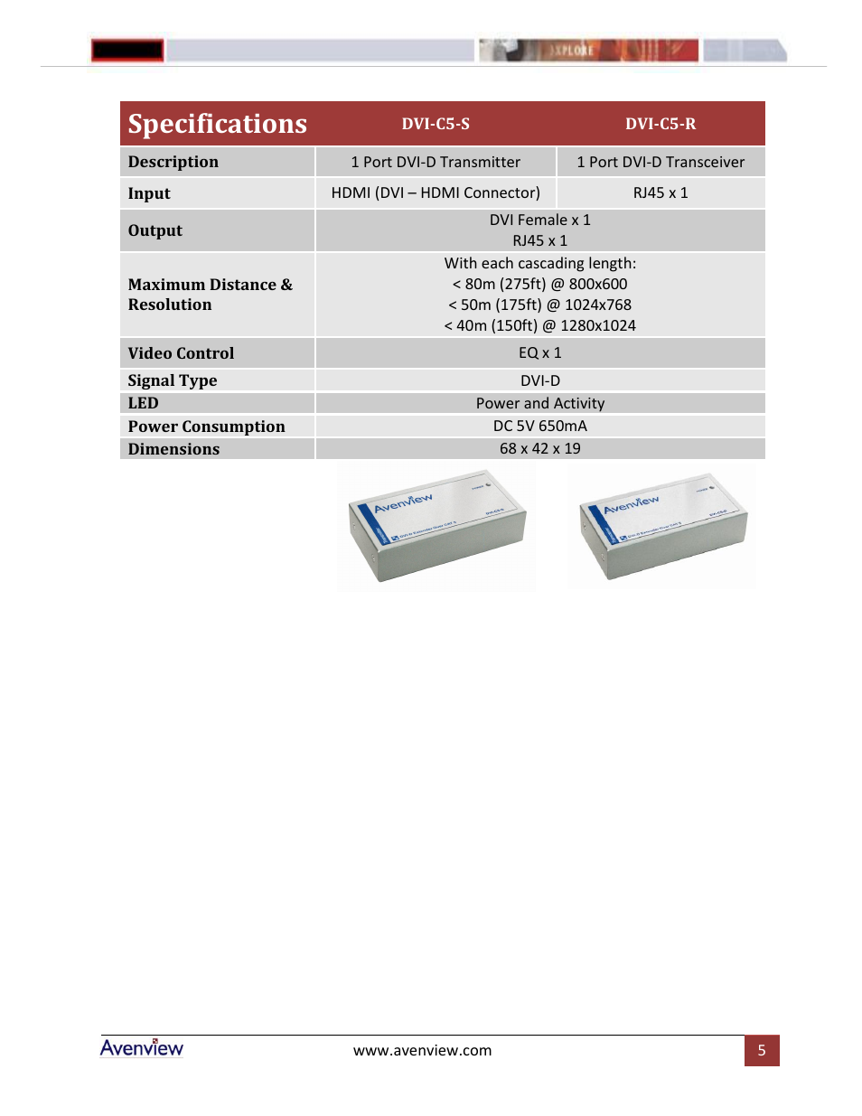 Specifications | Avenview DVI-C5-S User Manual | Page 5 / 6