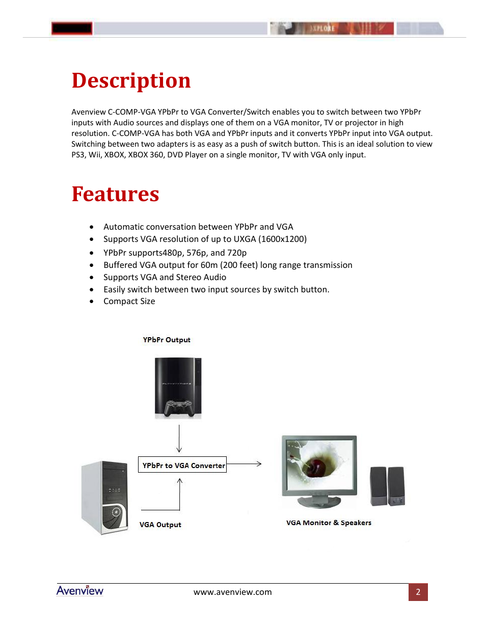 Description, Features | Avenview C-COMP-VGA User Manual | Page 2 / 4