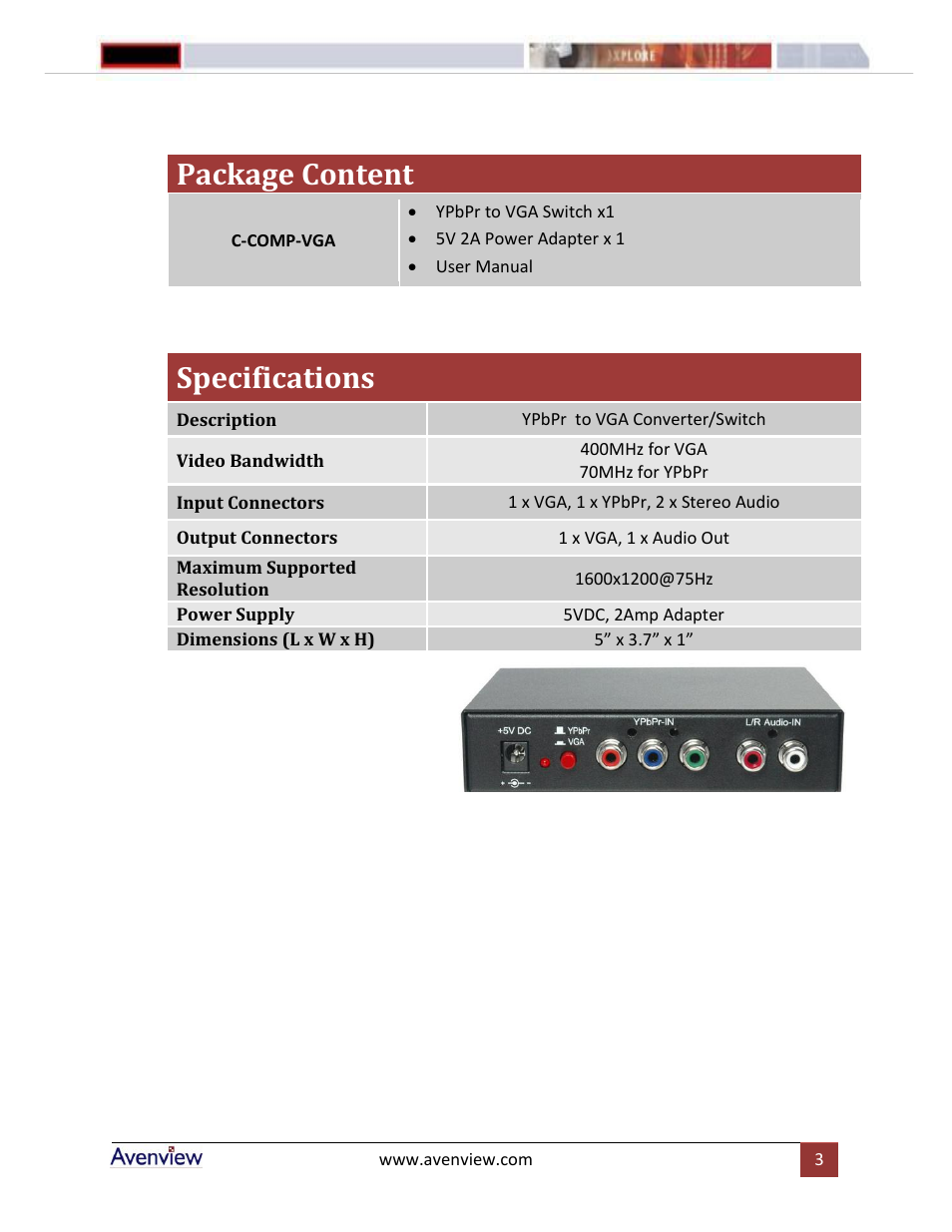 Package content, Specifications | Avenview C-COMP-VGA User Manual | Page 3 / 4