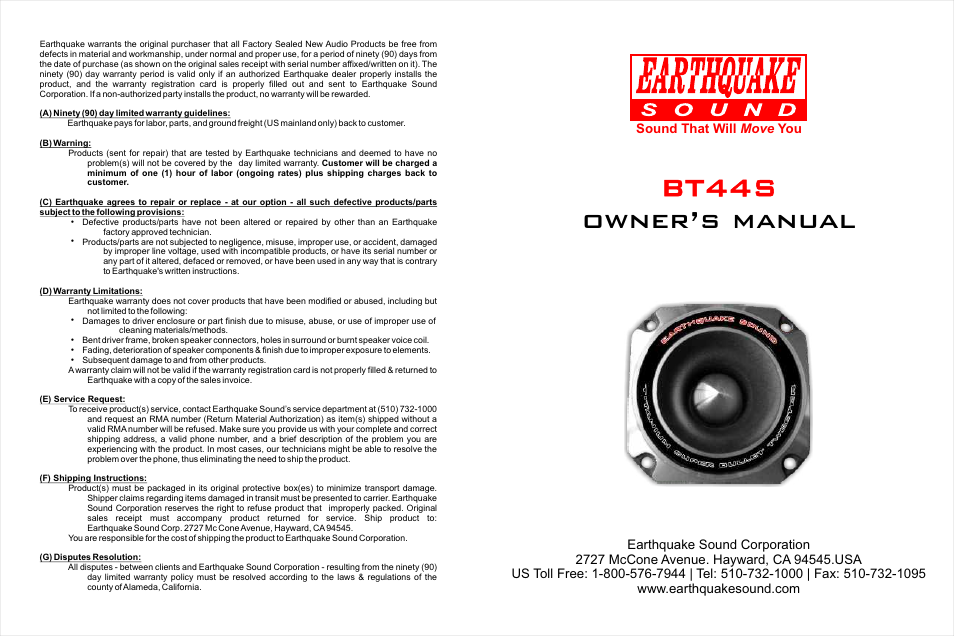 EarthQuake BT-44S User Manual | 2 pages