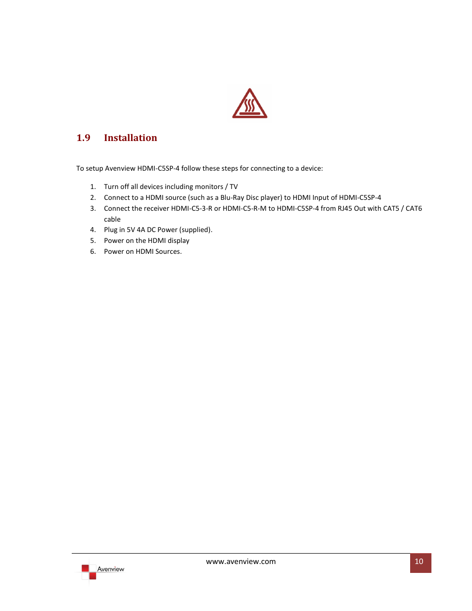 9 installation, Installation | Avenview HDMI-C5SP-4 User Manual | Page 10 / 13