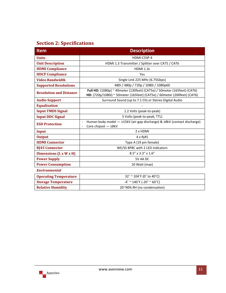 Section 2: specifications | Avenview HDMI-C5SP-4 User Manual | Page 11 / 13
