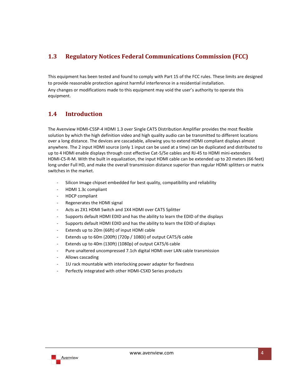 4 introduction, Introduction | Avenview HDMI-C5SP-4 User Manual | Page 4 / 13