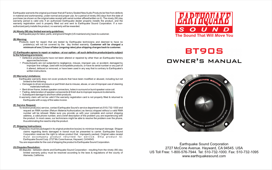 EarthQuake BT-90S Titanium Super Bullet Tweeter User Manual | 2 pages