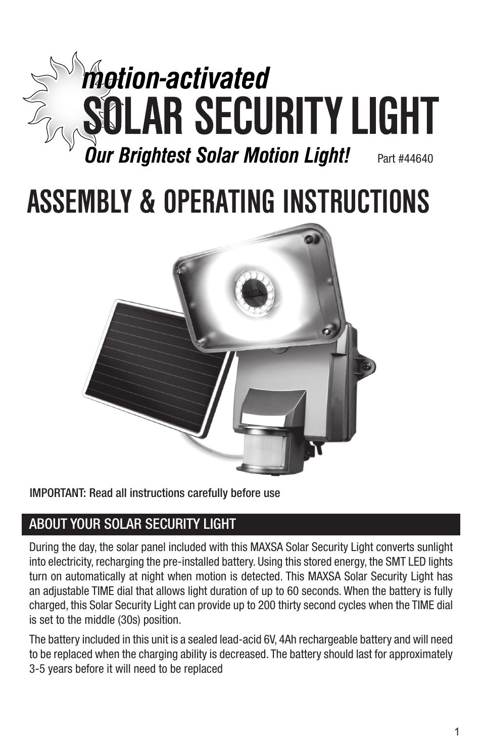 Maxsa Innovations MAXSA BRIGHT Solar Security Light in Silver with 16 Surface Mount LEDs User Manual | 8 pages