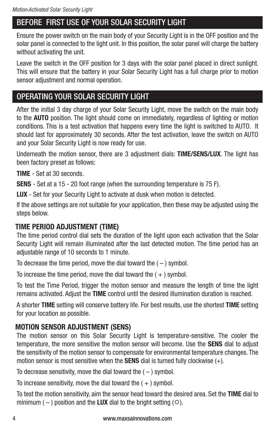 Before first use of your solar security light, Operating your solar security light | Maxsa Innovations MAXSA BRIGHT Solar Security Light in Silver with 16 Surface Mount LEDs User Manual | Page 4 / 8