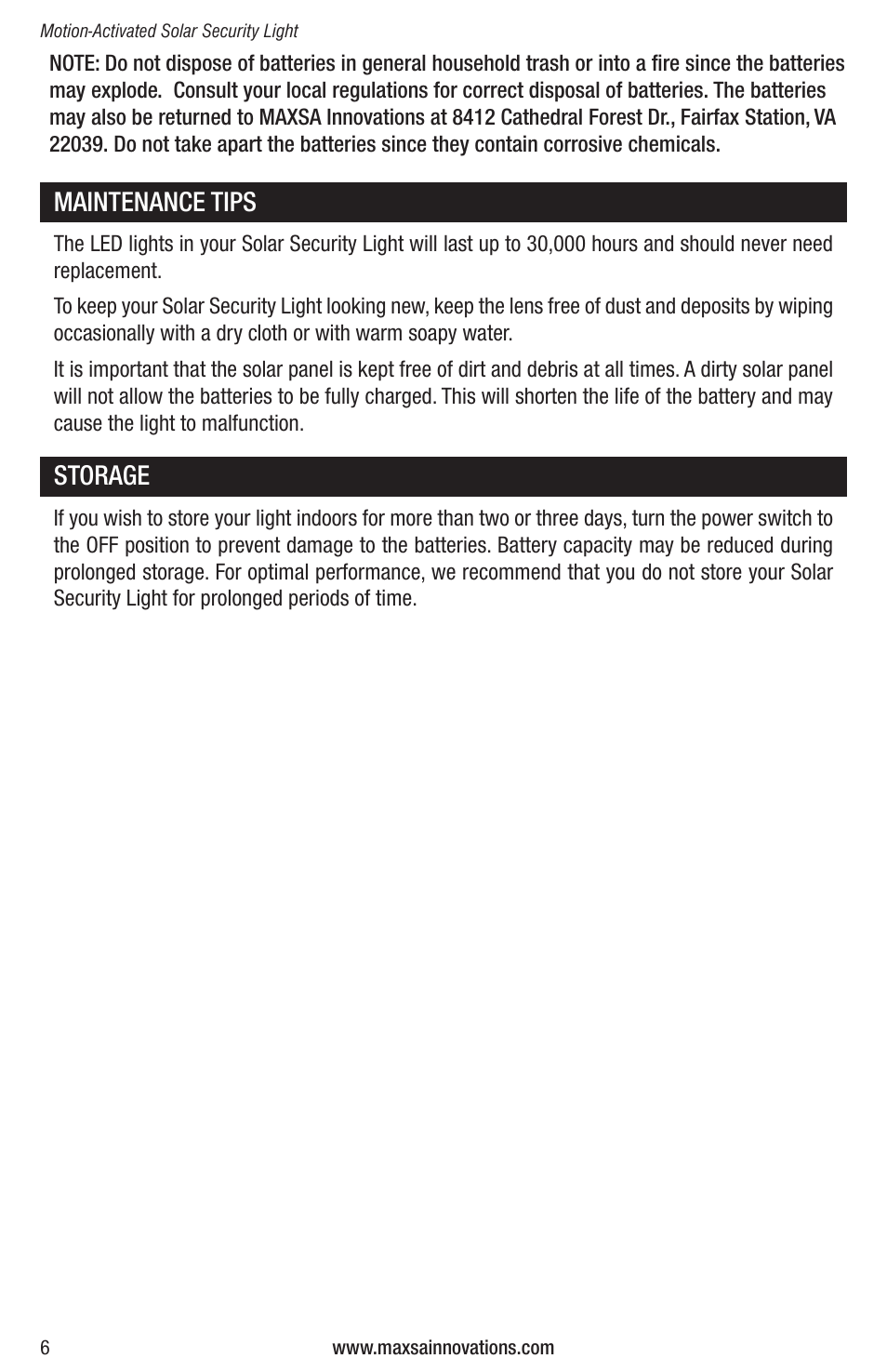 Maintenance tips, Storage | Maxsa Innovations MAXSA BRIGHT Solar Security Light in Silver with 16 Surface Mount LEDs User Manual | Page 6 / 8