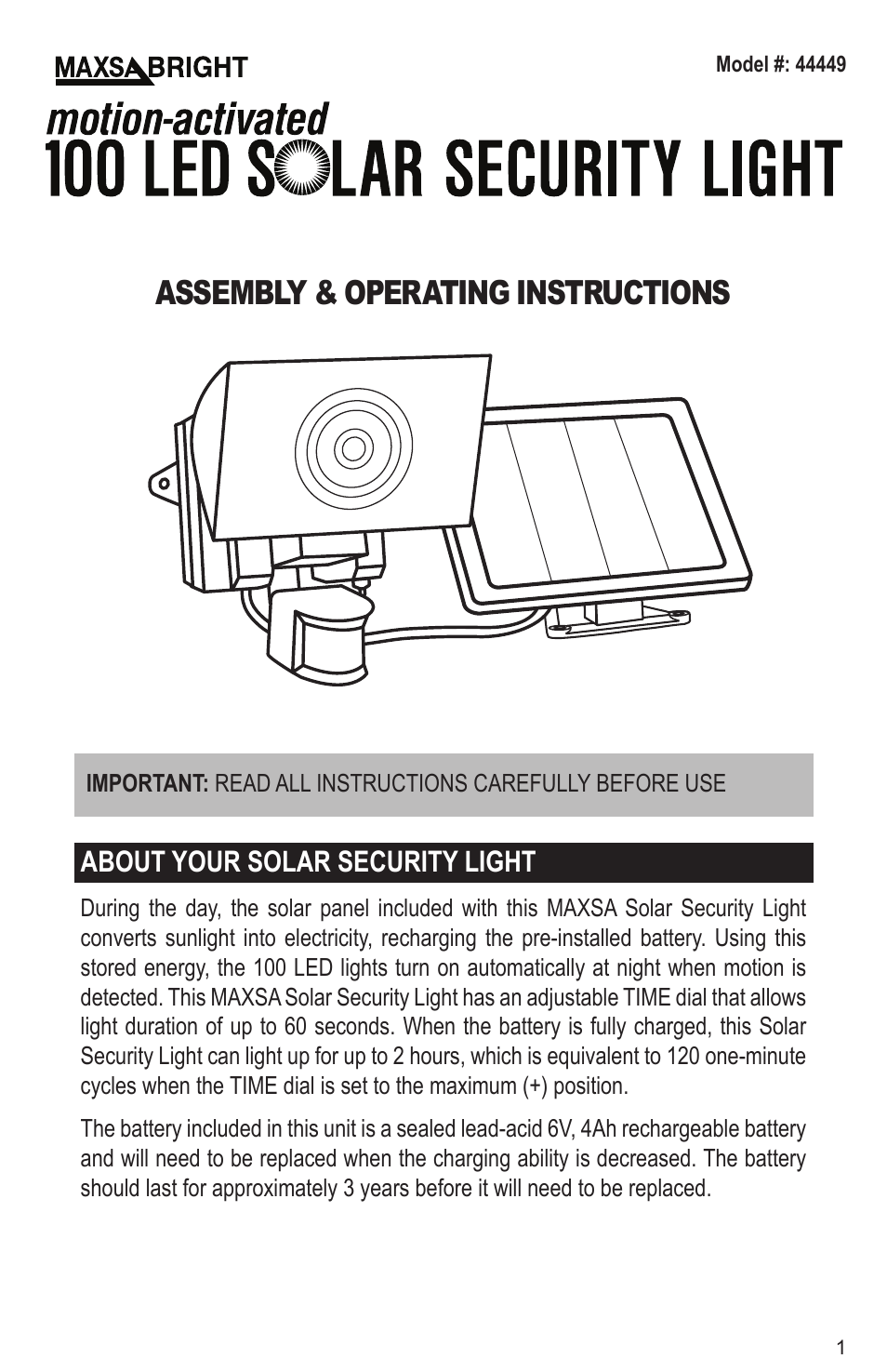 Maxsa Innovations Solar-Powered 100 LED Motion-Activated Outdoor Security Floodlight User Manual | 8 pages