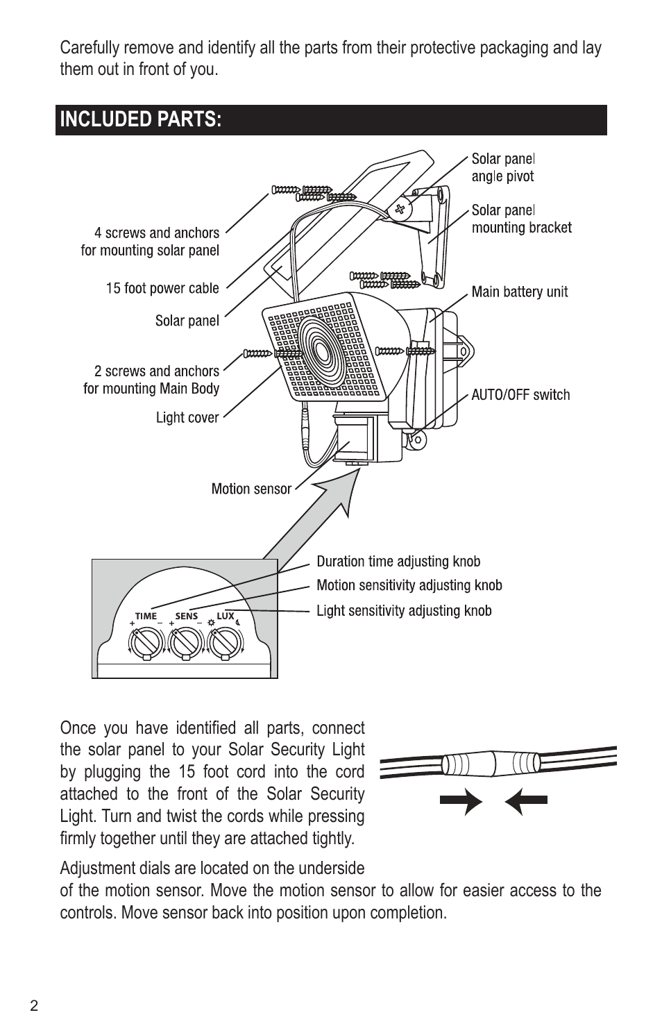 Included parts | Maxsa Innovations Solar-Powered 100 LED Motion-Activated Outdoor Security Floodlight User Manual | Page 2 / 8