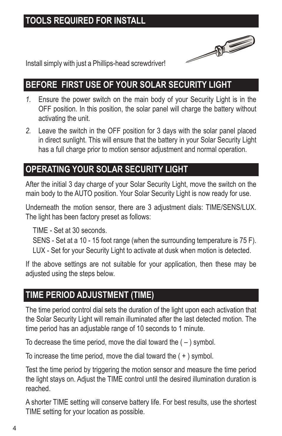 Tools required for install, Before first use of your solar security light, Operating your solar security light | Time period adjustment (time) | Maxsa Innovations Solar-Powered 100 LED Motion-Activated Outdoor Security Floodlight User Manual | Page 4 / 8