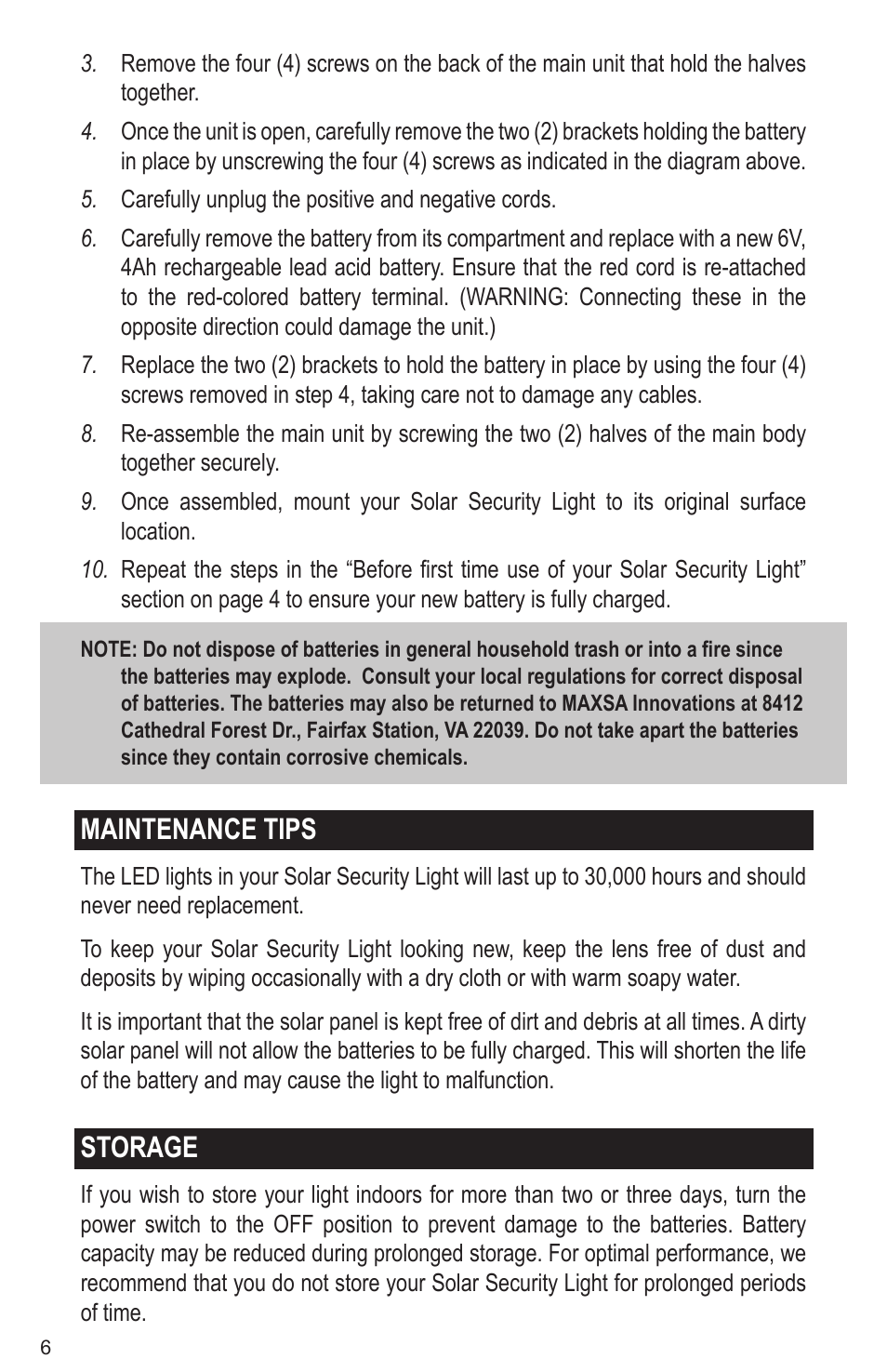 Maintenance tips, Storage | Maxsa Innovations Solar-Powered 100 LED Motion-Activated Outdoor Security Floodlight User Manual | Page 6 / 8