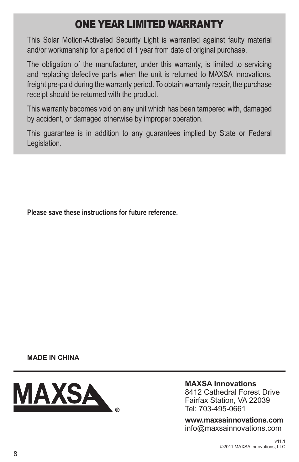 One year limited warranty | Maxsa Innovations Solar-Powered 100 LED Motion-Activated Outdoor Security Floodlight User Manual | Page 8 / 8