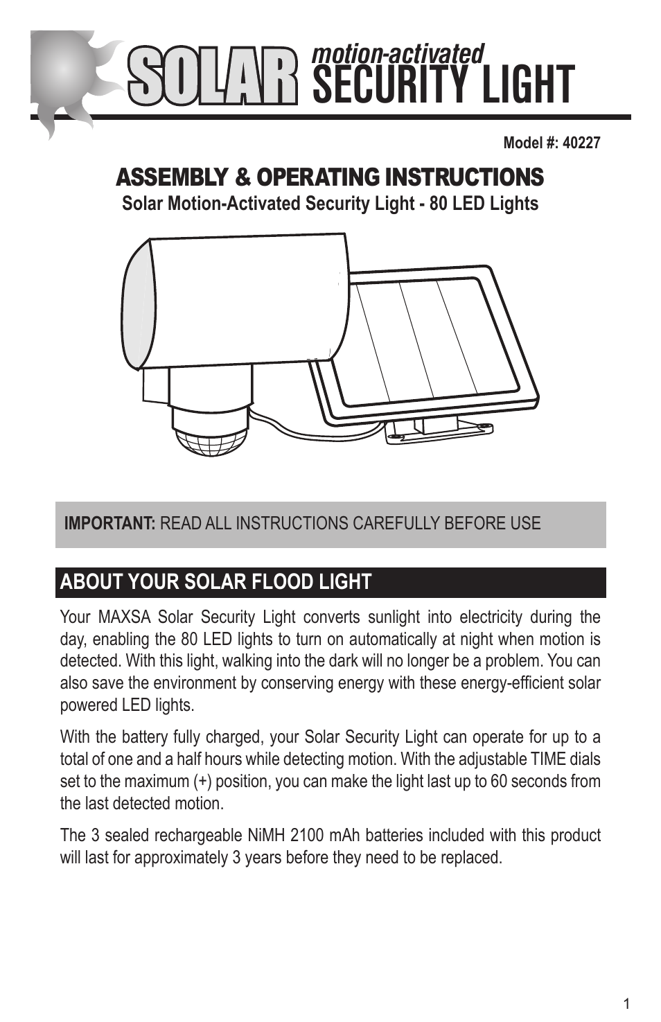 Maxsa Innovations Solar-Powered Aluminum 80 LED Solar Security Light User Manual | 8 pages