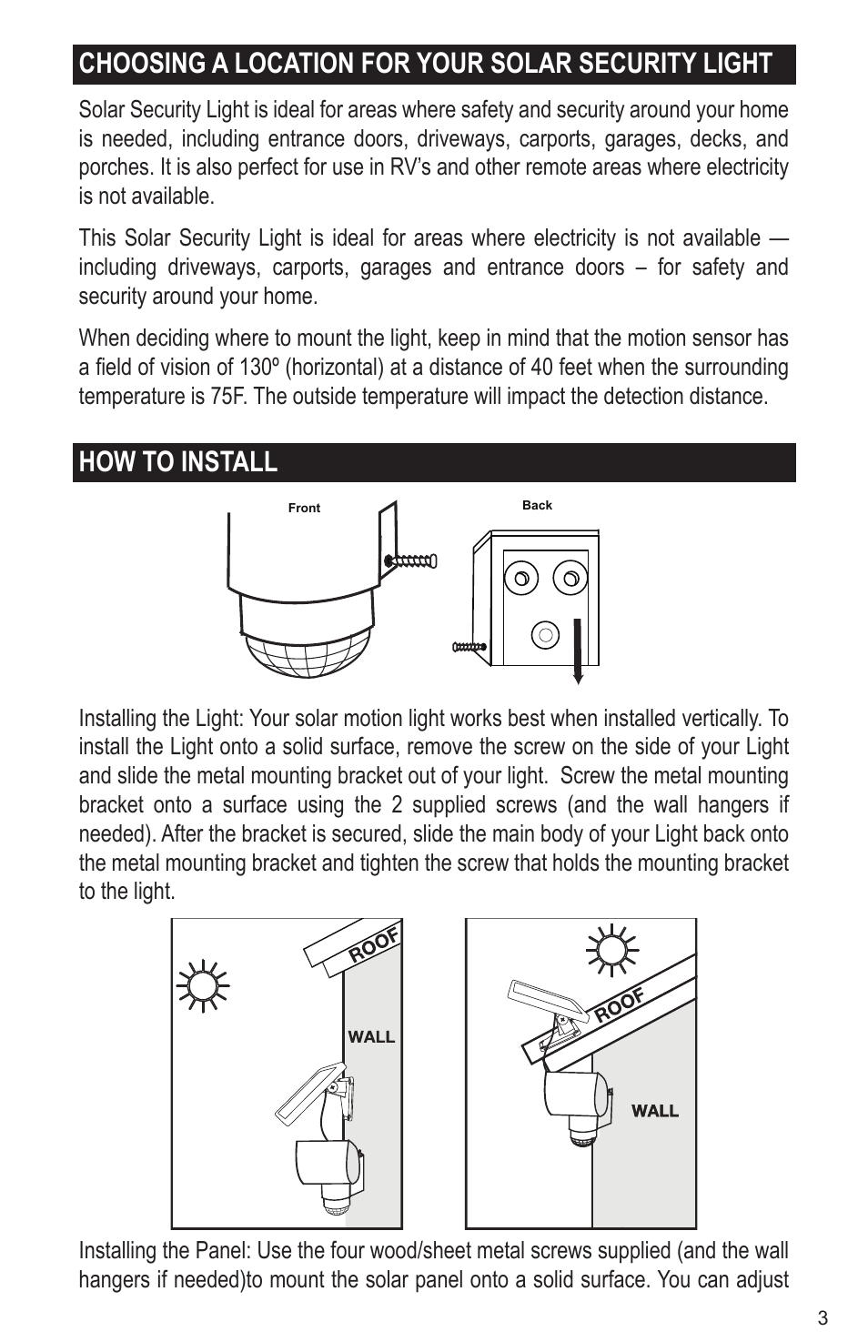 Choosing a location for your solar security light, How to install | Maxsa Innovations Solar-Powered Aluminum 80 LED Solar Security Light User Manual | Page 3 / 8