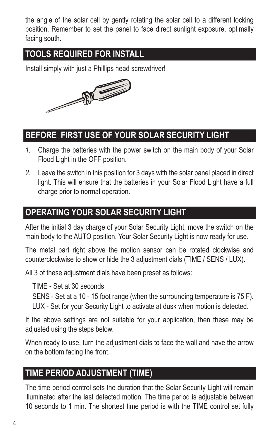 Tools required for install, Before first use of your solar security light, Operating your solar security light | Time period adjustment (time) | Maxsa Innovations Solar-Powered Aluminum 80 LED Solar Security Light User Manual | Page 4 / 8