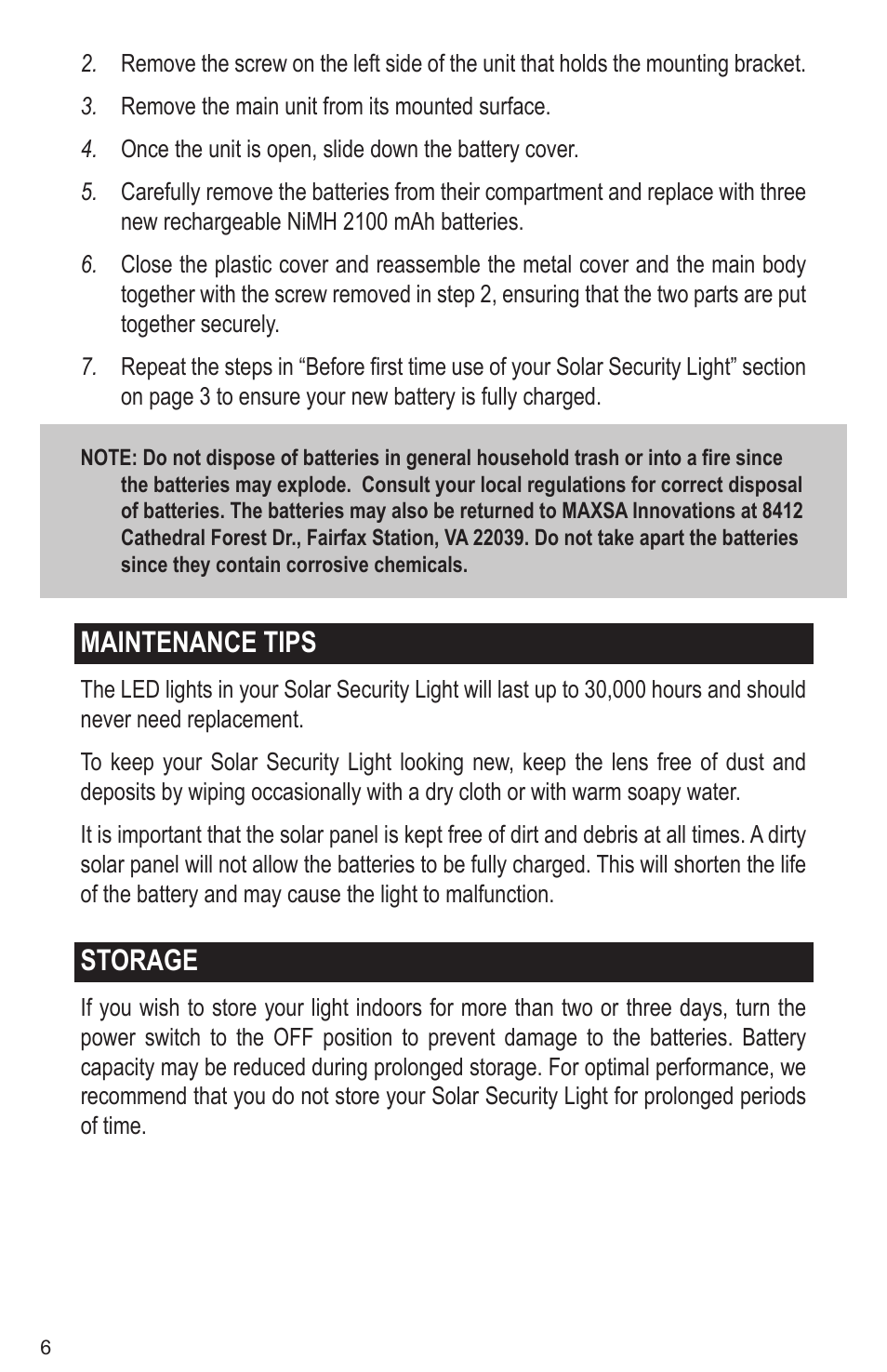 Maintenance tips, Storage | Maxsa Innovations Solar-Powered Aluminum 80 LED Solar Security Light User Manual | Page 6 / 8