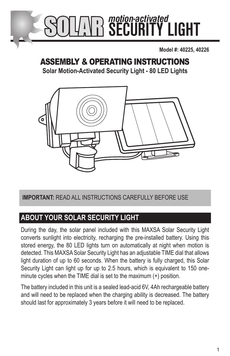 Maxsa Innovations Solar-Powered Motion-Activated 80 LED Security Floodlight User Manual | 8 pages